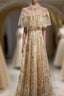 Champagne Tulle Lace Long Formal Prom Dress, Champagne Formal Dress, 1