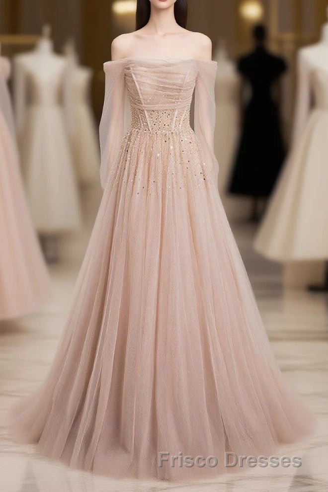 Champagne Pink Tulle Beads Long Formal Prom Dress, Champagne Evening Dress Main image