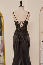 Black Mermaid Pluning V Appliques Long Prom Dresses with Slit