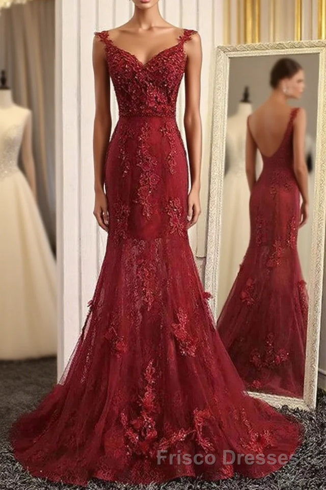 Burgundy Trumpet Sweep Train V Neck Mid Back Appliques Beading Long Formal Prom Dress