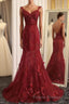 Burgundy Trumpet Sweep Train V Neck Mid Back Appliques Beading Long Formal Prom Dress