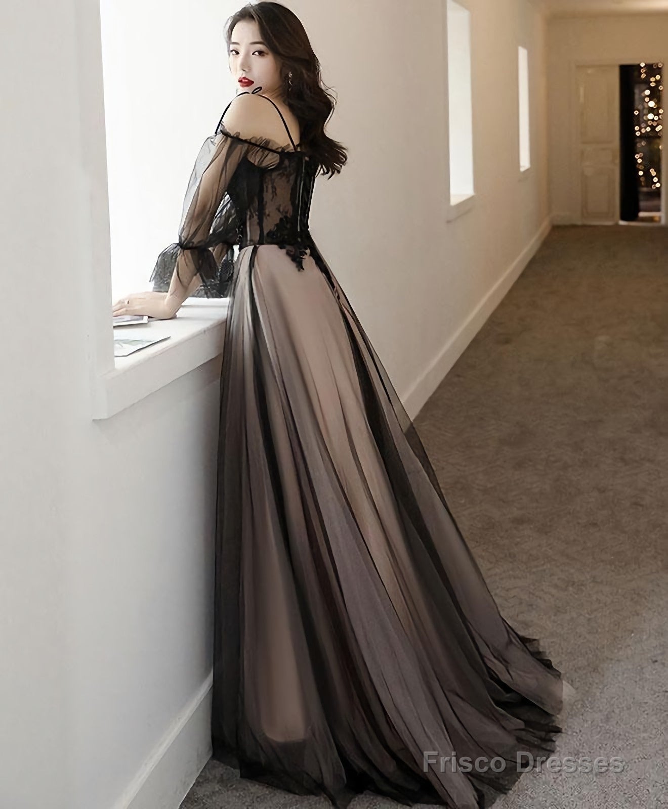 Black Tulle A Line Lace Long Prom Dress, Tulle Lace Formal Dress Main image