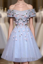 Cute Gray Blue Tulle Short Formal Prom Dress, Gray Homecoming Dress