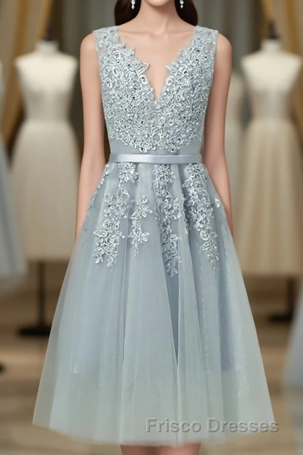Gray A Line Lace Tulle Short Formal Prom Dress, Homecoming Dress Main image