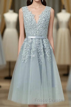 Gray A Line Lace Tulle Short Formal Prom Dress, Homecoming Dress