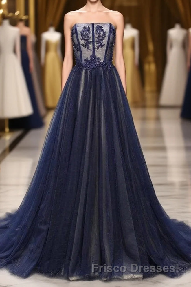 Navy A Line Sweep Train Straight Sleeveless Mid Back Lace Up Formal Prom Dress Main image