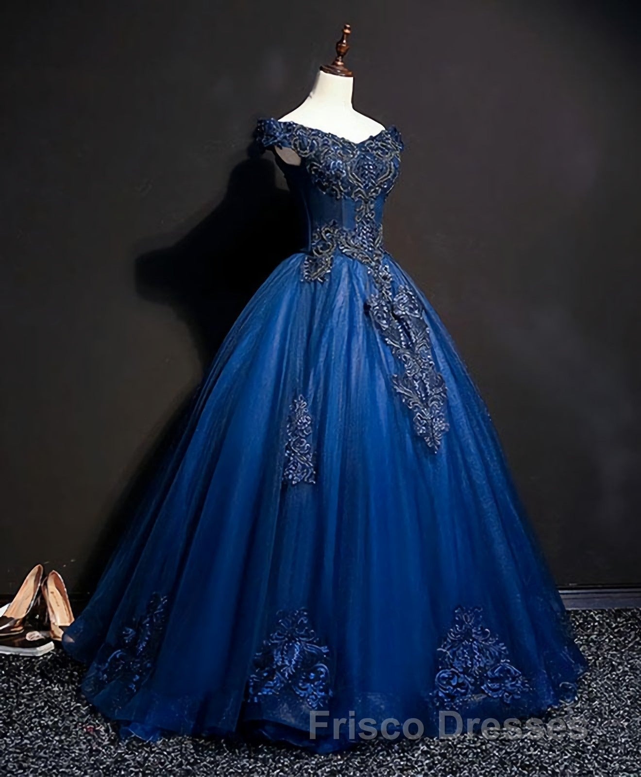 Blue Tulle Lace Off Shoulder Long Formal Prom Dress, Blue Tulle Lace Evening Dress
