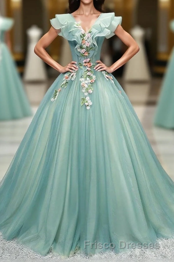 Green V Neck Tulle Long Formal Prom Dress, Green Evening Dress Main image
