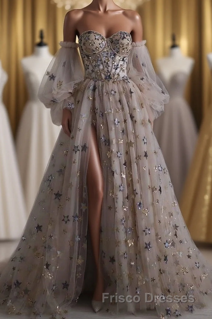 Chic Long Sweetheart Front Split Star Formal Prom Dress With Sleeves