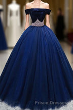 Dark Blue Tulle Off Shoulder Long Formal Prom Dress, Blue Sweet 16 Dress