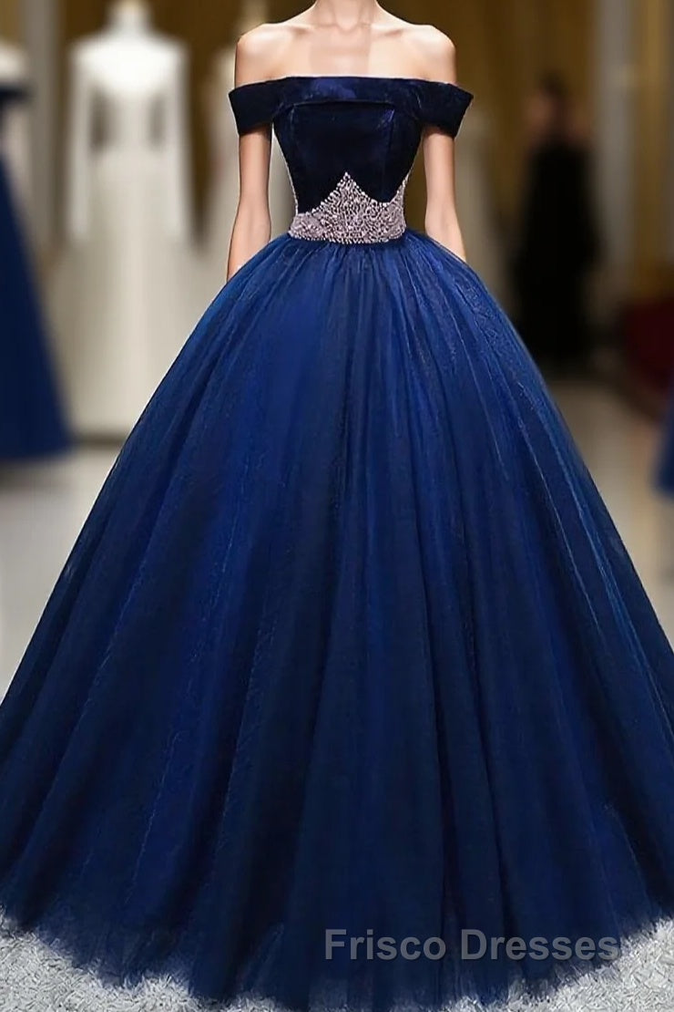 Dark Blue Tulle Off Shoulder Long Formal Prom Dress, Blue Sweet 16 Dress