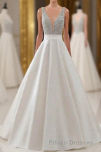A Line Brush Train Deep V Neck Sleeveless Beading Formal Prom Dress