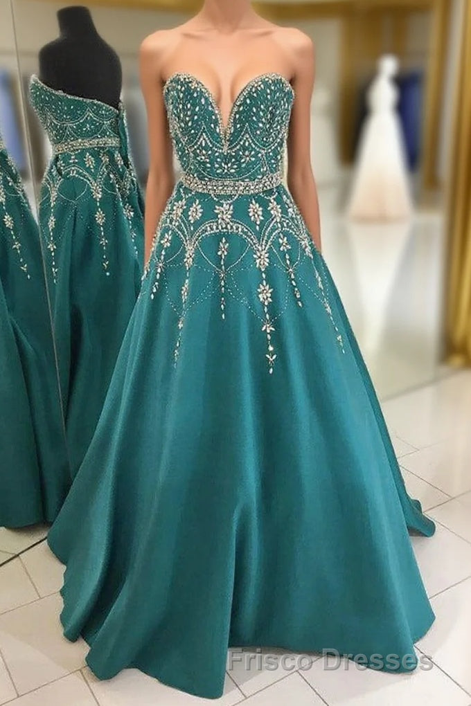 Green A Line Floor Length Sweetheart Sleeveless Beading Formal Prom Dress Main image