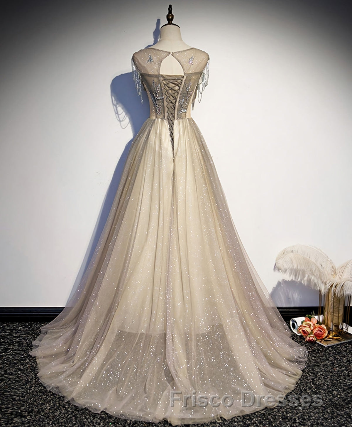 Champagne Round Neck Sequin Long Formal Prom Dress, Tulle Formal Prom ...