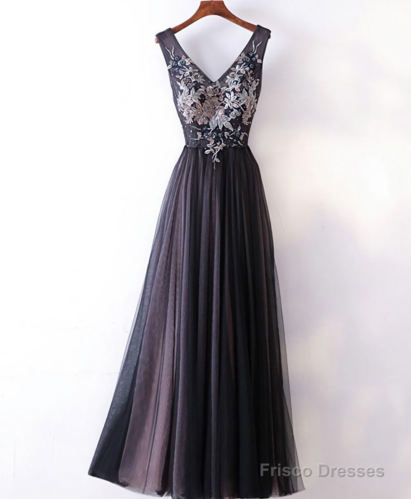 Black V Neck Lace Applique Tulle Long Prom Dress, Black Evening Dress Main image