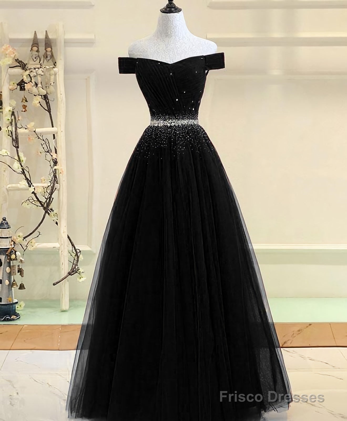 Black Tulle Sequin Long Prom Dress, Black Tulle Evening Dress Main image