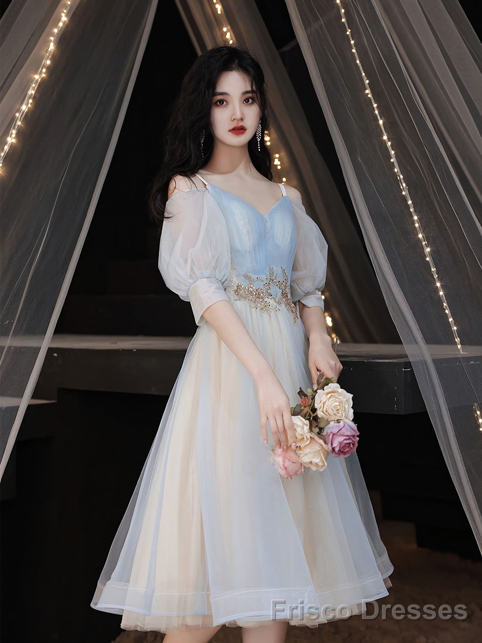 Blue A Line Tulle Lace Short Prom Dress Blue Homecoming Dress Main image