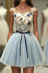 Gray Blue Tulle Short Formal Prom Dress, Tulle Homecoming Dress