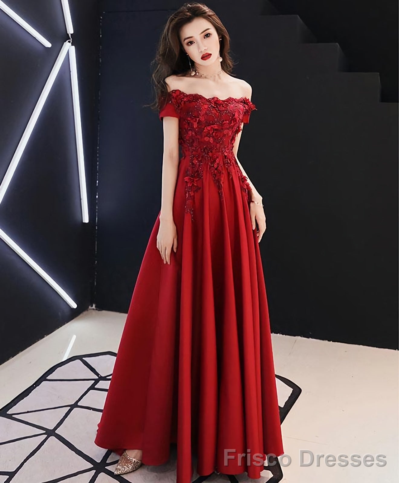 Burgundy Tulle Lace Long Prom Dress Burgundy Tulle Bridesmaid Dress Main image