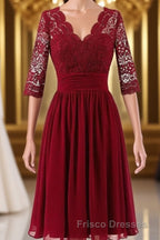 Burgundy A Line Knee Length V Neck 1/2 Sleeve Hollow Bridesmaid Dress