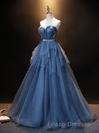 Blue Sweetheart Neck Tulle Long Formal Prom Dress, Blue Evening Dress
