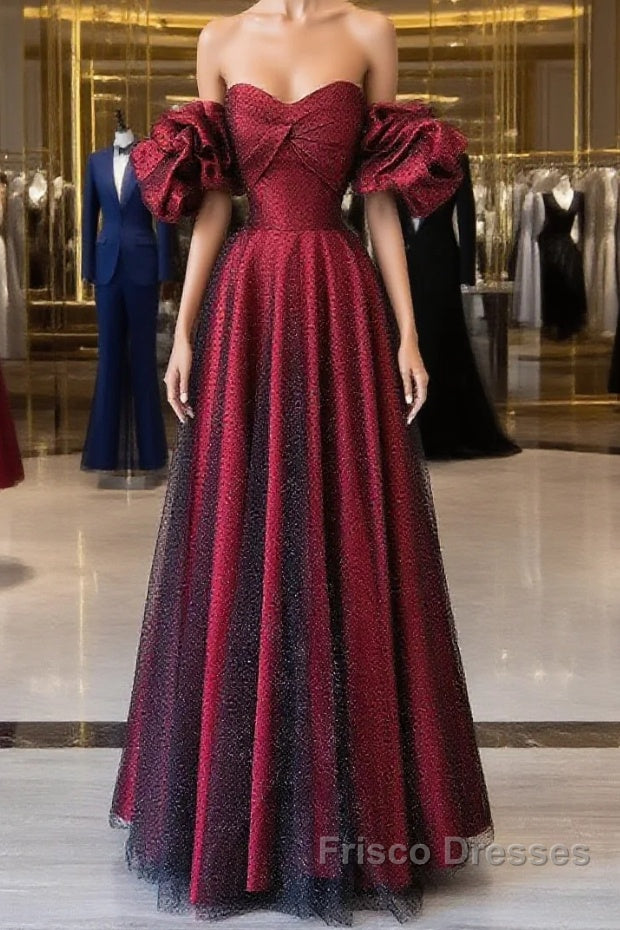 Off Shoulder Wine Red Sweetheart Tulle Formal Prom Dress, A-line Wine Red Evening Dress Main image