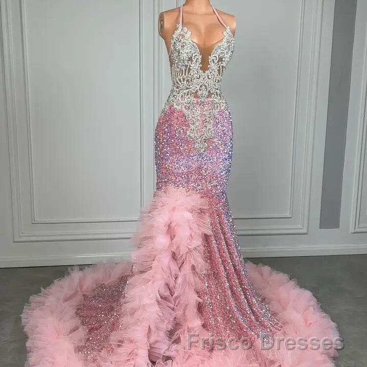 Pink Halter Mermaid Formal Prom Dresses with Sequins Beadings and Tulle Ruffle
