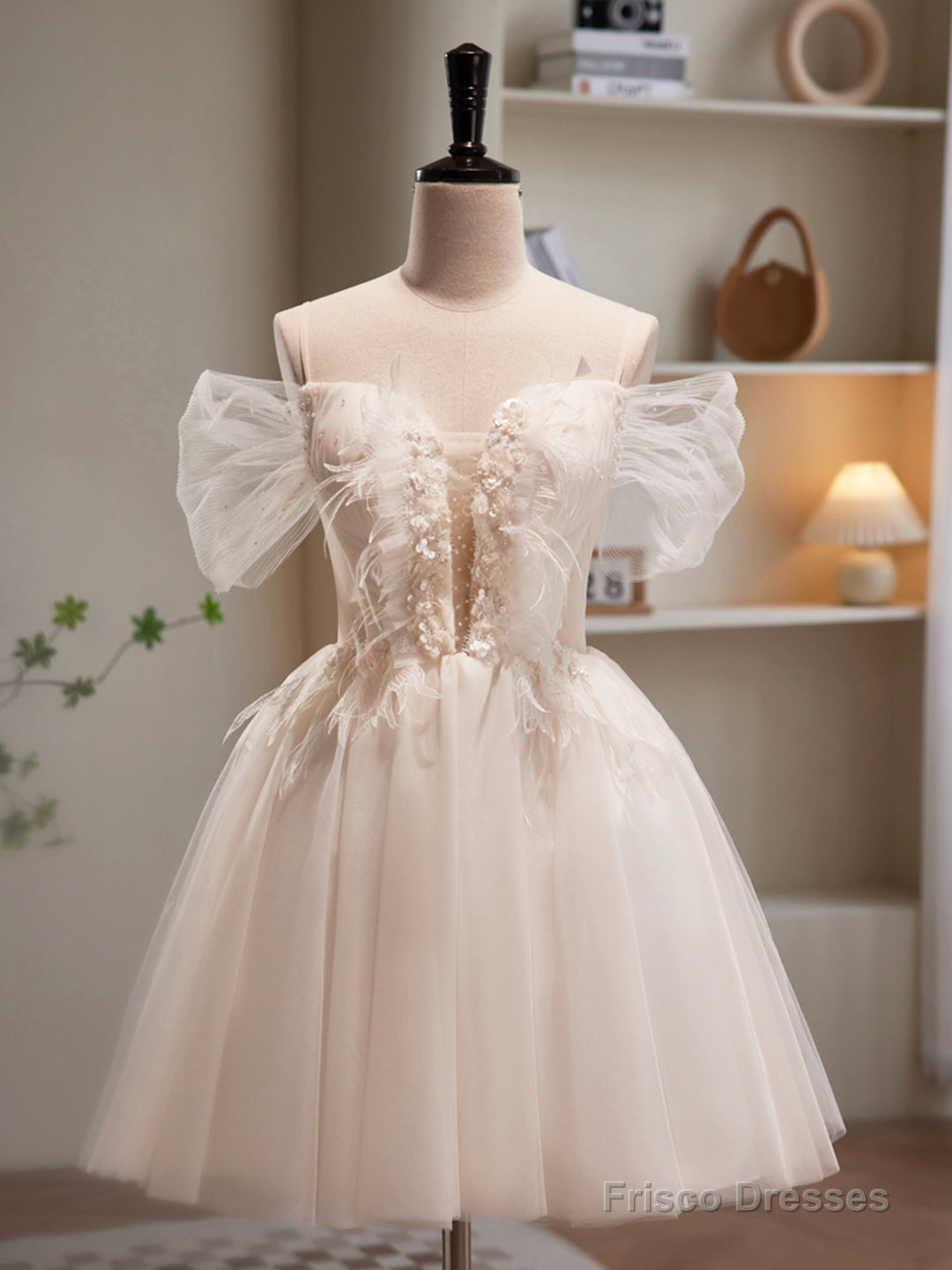 Champagne Tulle Sequins Short Prom Dress, Cute A-Line Homecoming Dress Main image