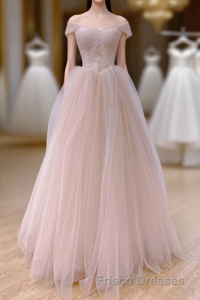 Pink Sweetheart Tulle Beaded Long Party Dress, Pink Tulle Formal Prom Dress Evening Dress Main image