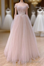 Pink Sweetheart Tulle Beaded Long Party Dress, Pink Tulle Formal Prom Dress Evening Dress