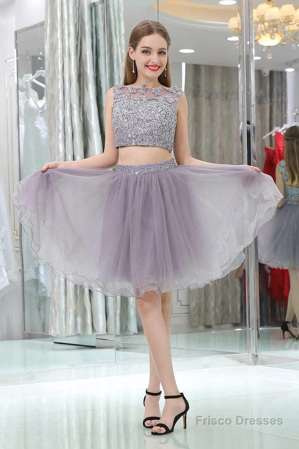 2 Piece Gray Tulle Short Suit Skirt With Lace Homecoming Dresses Main image