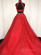 2 Pieces Pink Red Lace Formal Prom Dress, Two Pieces Pink Red Tulle Lace Formal Evening Dress