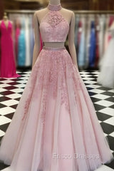 2 Pieces Pink Red Lace Formal Prom Dress, Two Pieces Pink Red Tulle Lace Formal Evening Dress