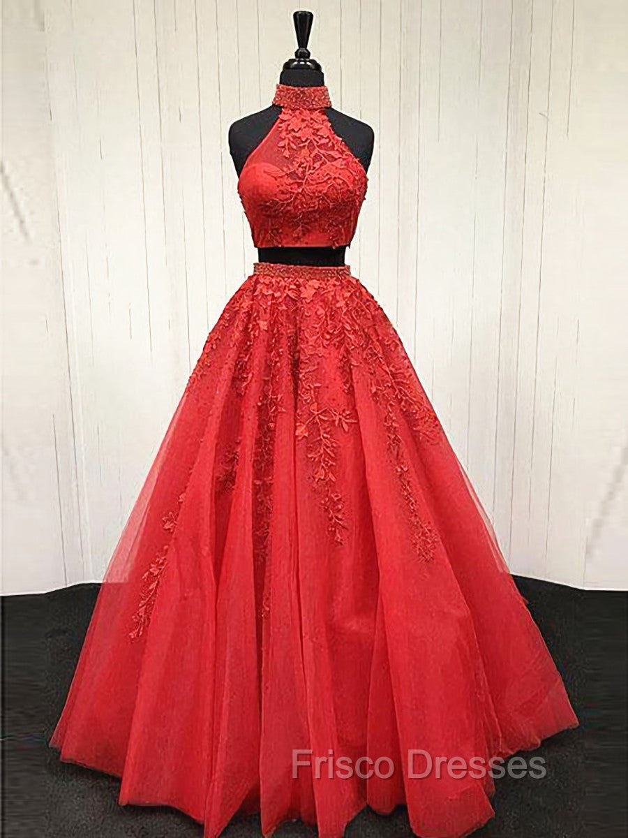 2 Pieces Pink Red Lace Formal Prom Dress, Two Pieces Pink Red Tulle Lace Formal Evening Dress