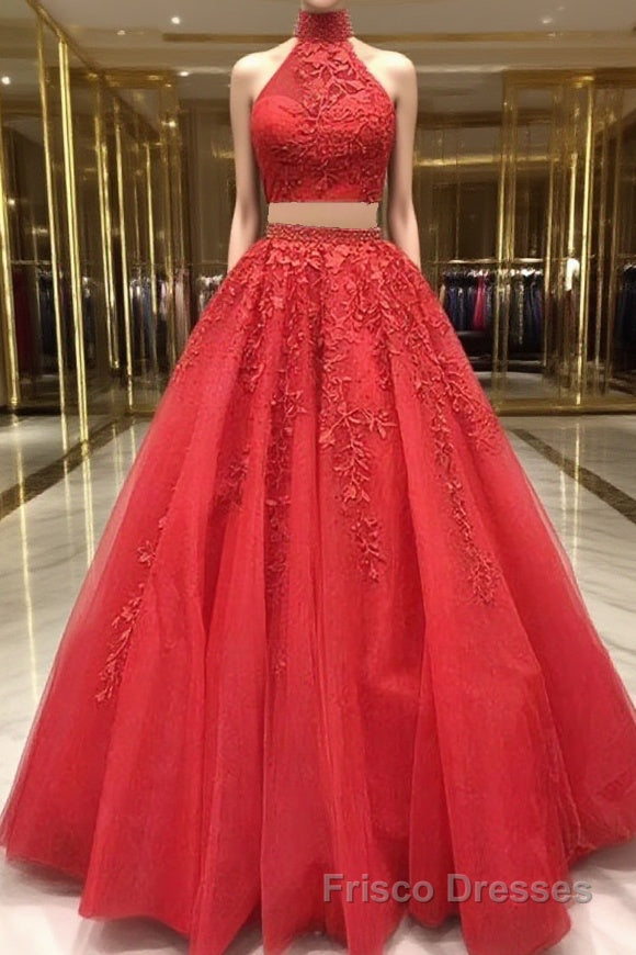 2 Pieces Tulle Lace Formal Prom Dresses, Two Pieces Evening Dresses Main image