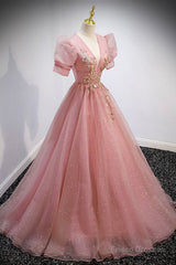 Pink V-Neck Tulle Long Prom Dresses, A-Line Short Sleeve Evening Dresses