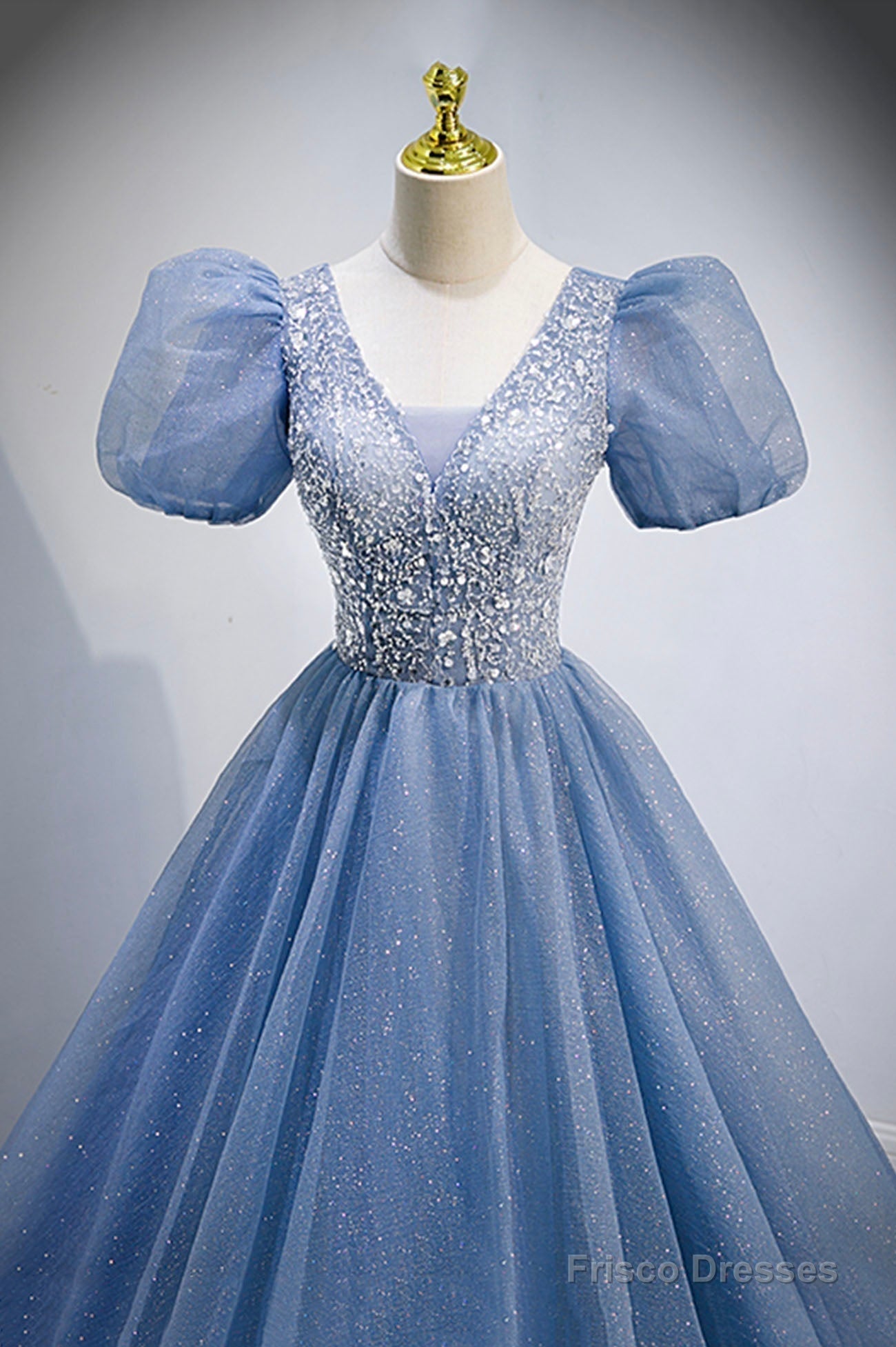 Blue V-Neck Tulle Beading Long Prom Dresses, Blue Short Sleeve Evening Dresses Secondary image