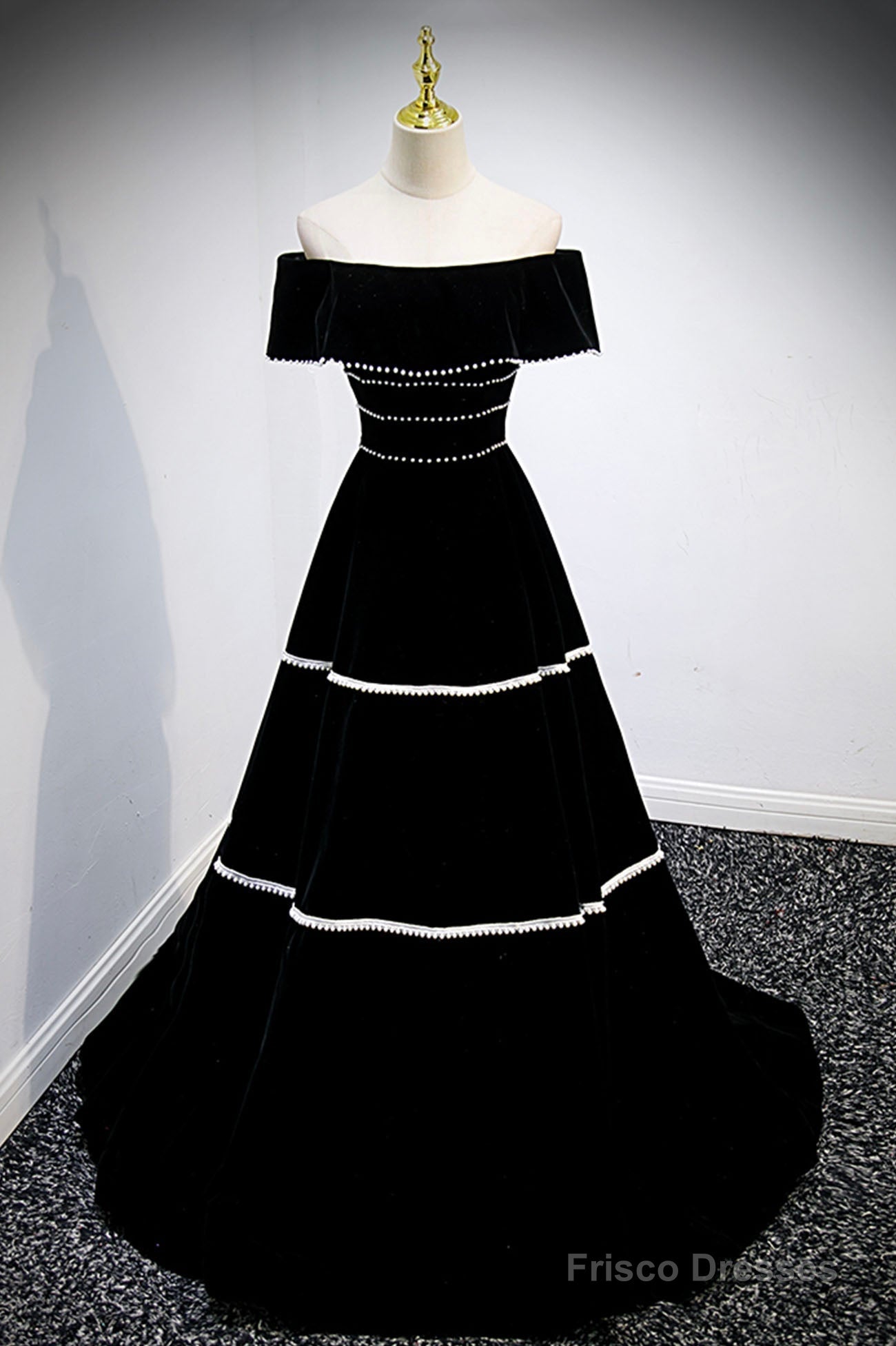 Black Velvet Long Prom Dresses, A-Line Off the Shoulder Evening Dresses