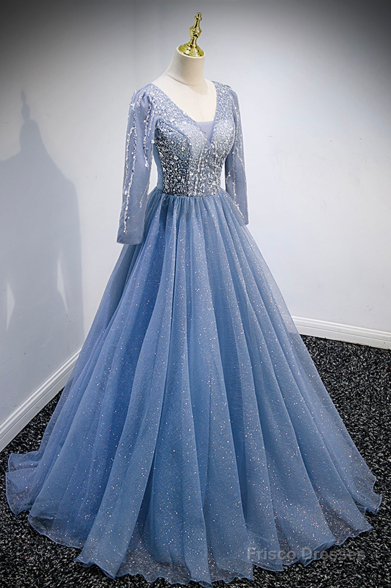 Blue V-Neck Tulle Beading Long Prom Dresses, Long Sleeve Evening Dresses Main image