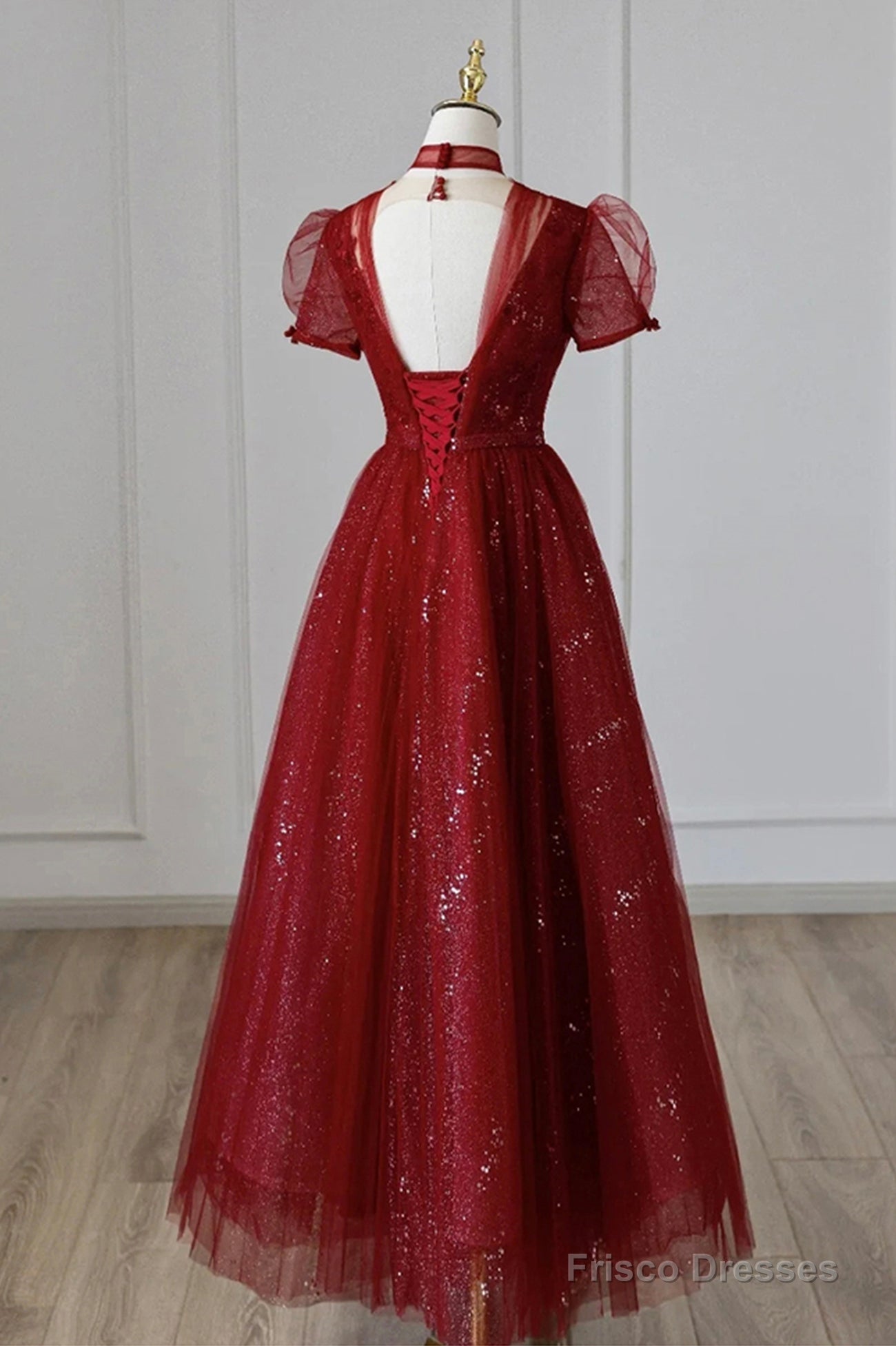 Burgundy Tulle Sequins Tea Length Prom Dress, A-Line Evening Dress Main image