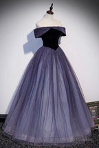Purple Velvet Tulle Long Prom Dresses, A-Line Off the Shhouler Evening Dresses