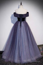 Purple Velvet Tulle Long Prom Dresses, A-Line Off the Shhouler Evening Dresses
