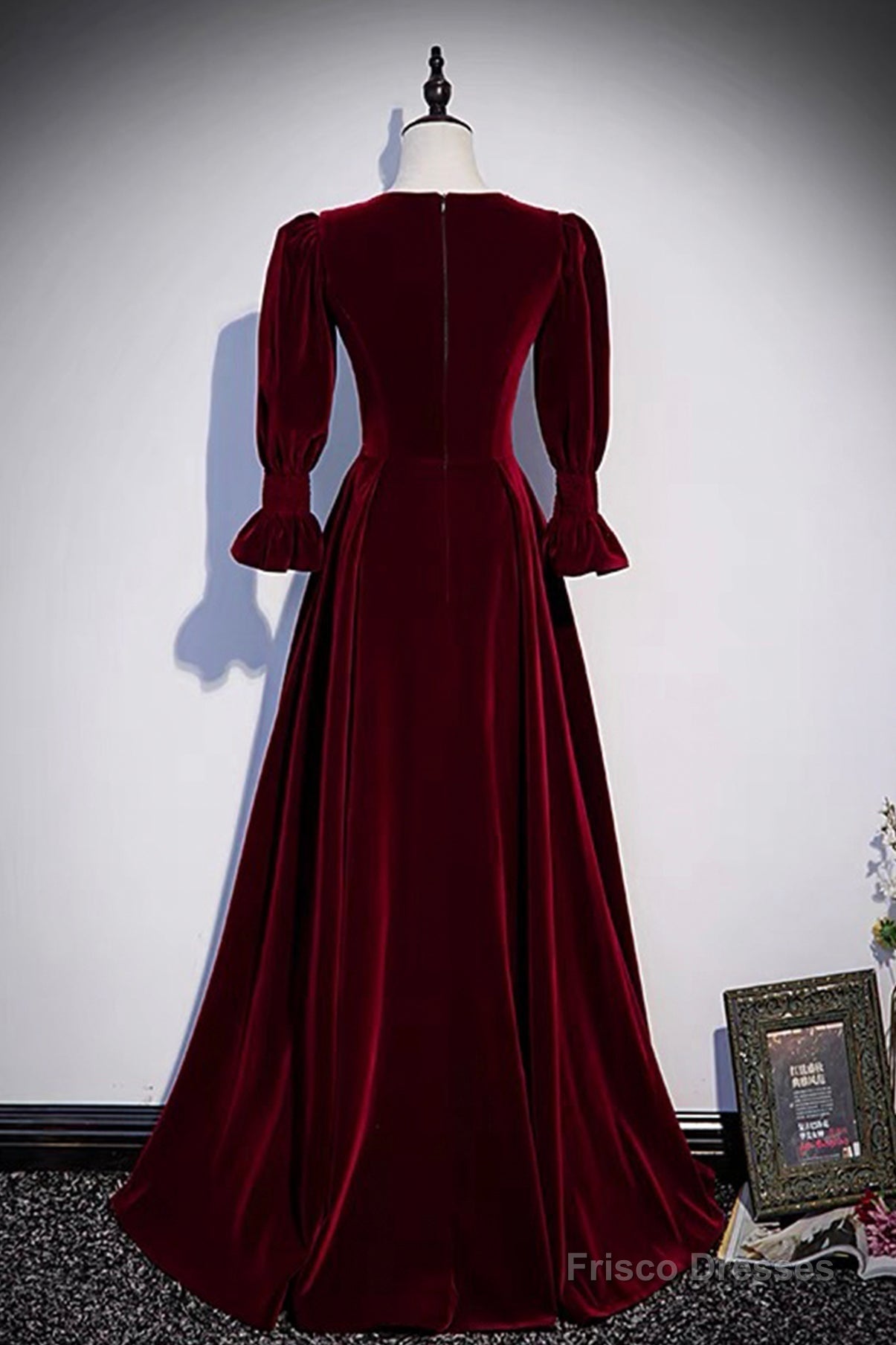 Burgundy Velvet Long Prom Dresses, A-Line Long Sleeve Evening Dresses Main image
