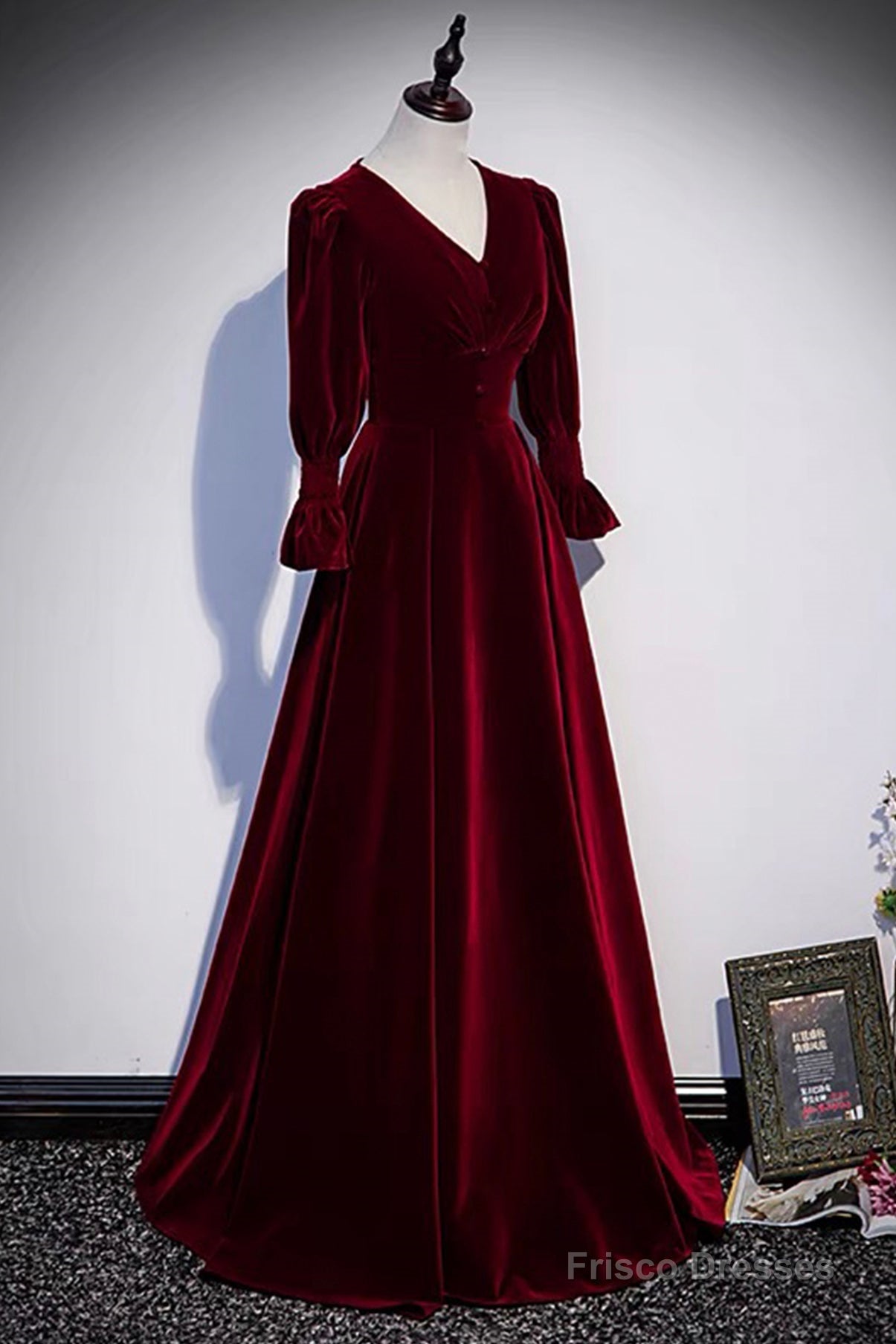Burgundy Velvet Long Prom Dresses, A-Line Long Sleeve Evening Dresses Secondary image