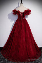 Burgundy Tulle Long Prom Dresses, A-Line Off the Shoulder Evening Party Dresses