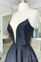Black Satin Long A-Line Prom Dress, Black Evening Party Dress
