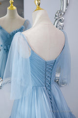 A-Line Tulle Long Prom Dresses, V-Neck Spaghetti Strap Long Princess Dresses
