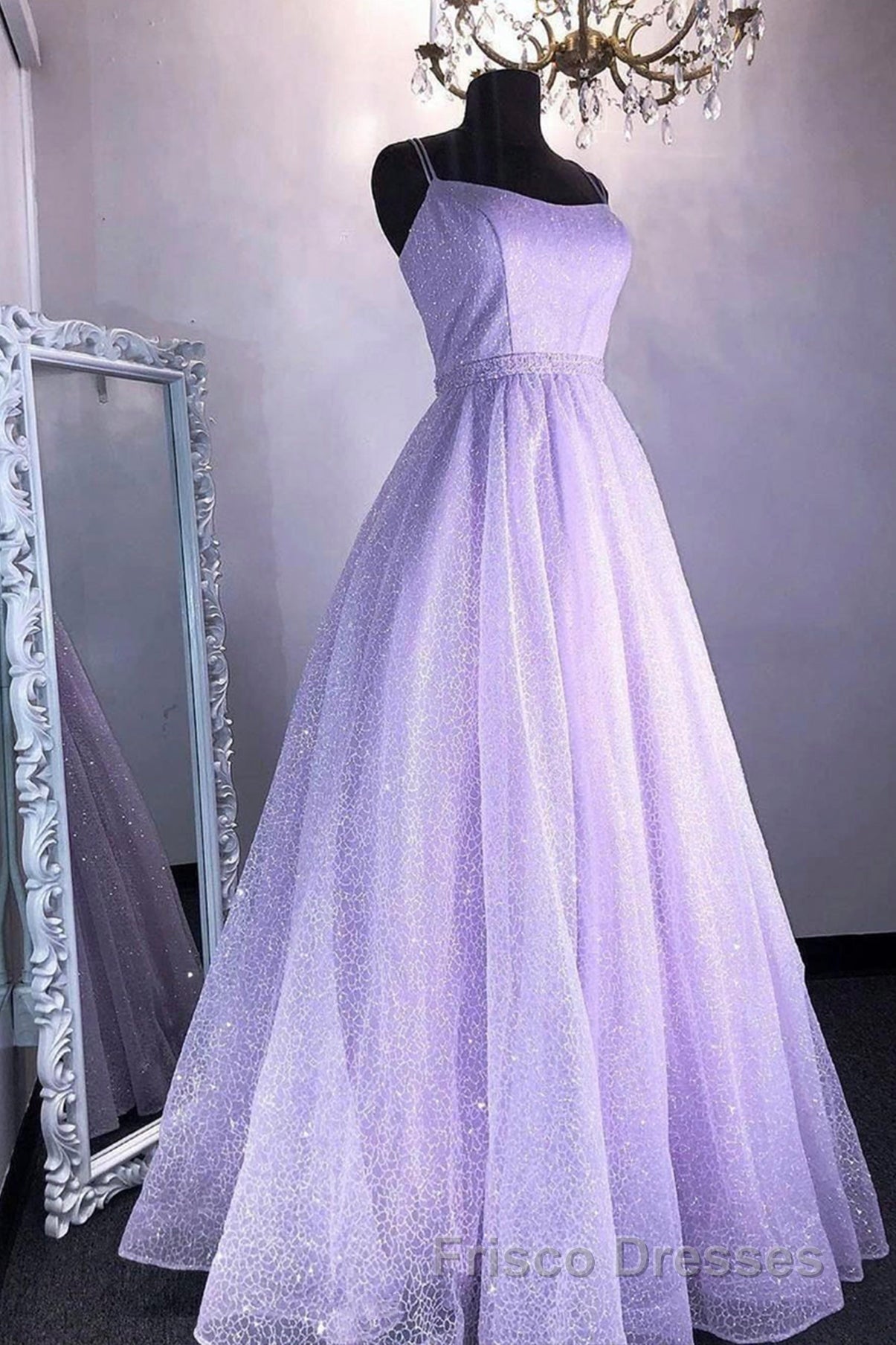 Cute Tulle Sequins Long Formal Prom Dress, A-Line Backless Evening Dress