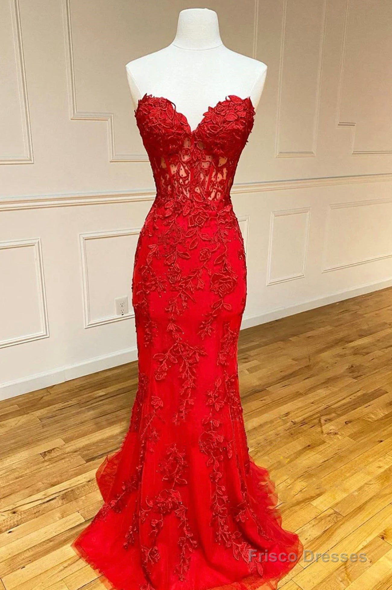 Red Strapless Lace Long Prom Dress, Mermaid Evening Dress Main image