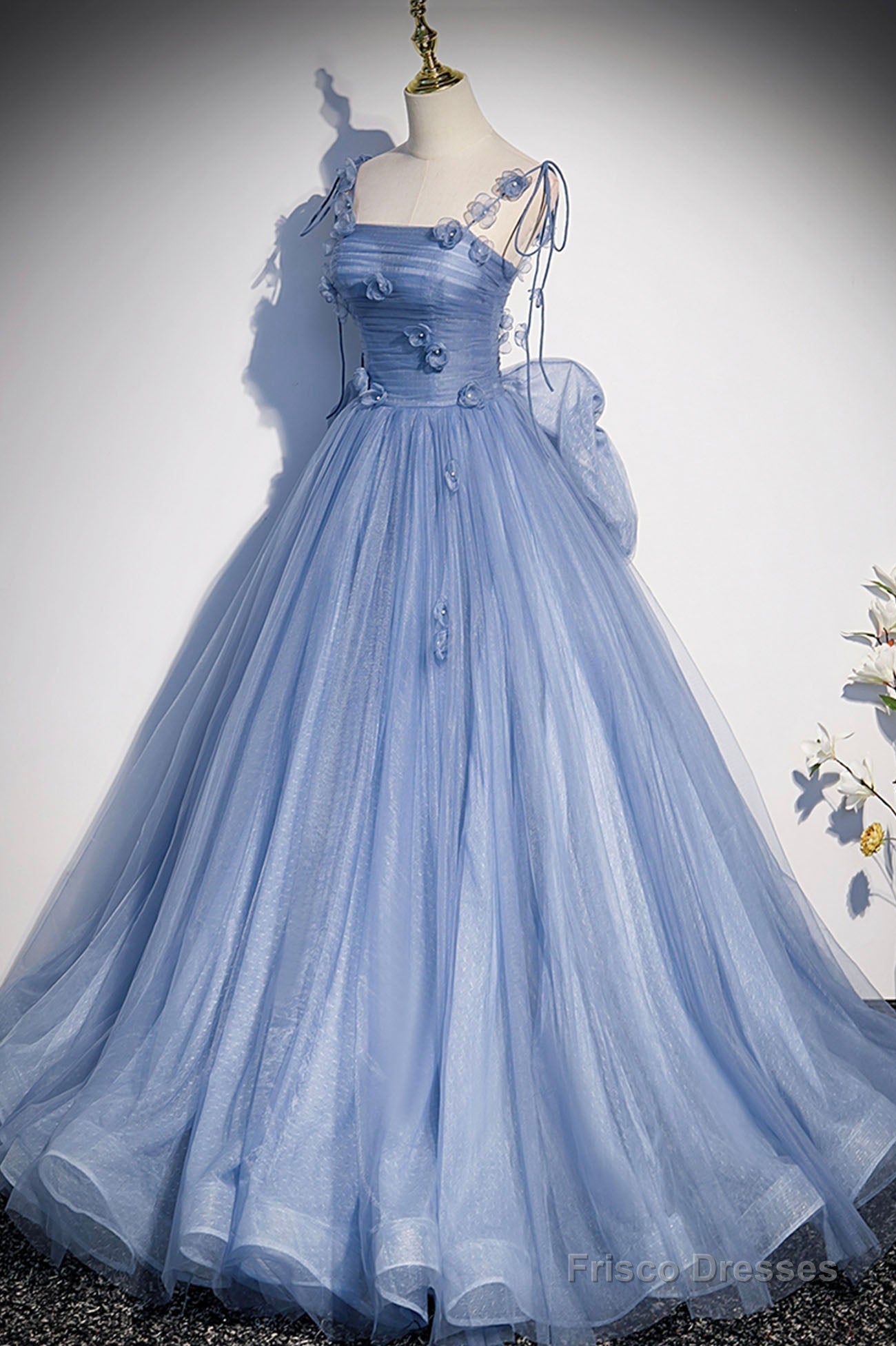 Blue Spaghetti Strap Tulle Long Dress, Blue Evening Dress with Bow Secondary image